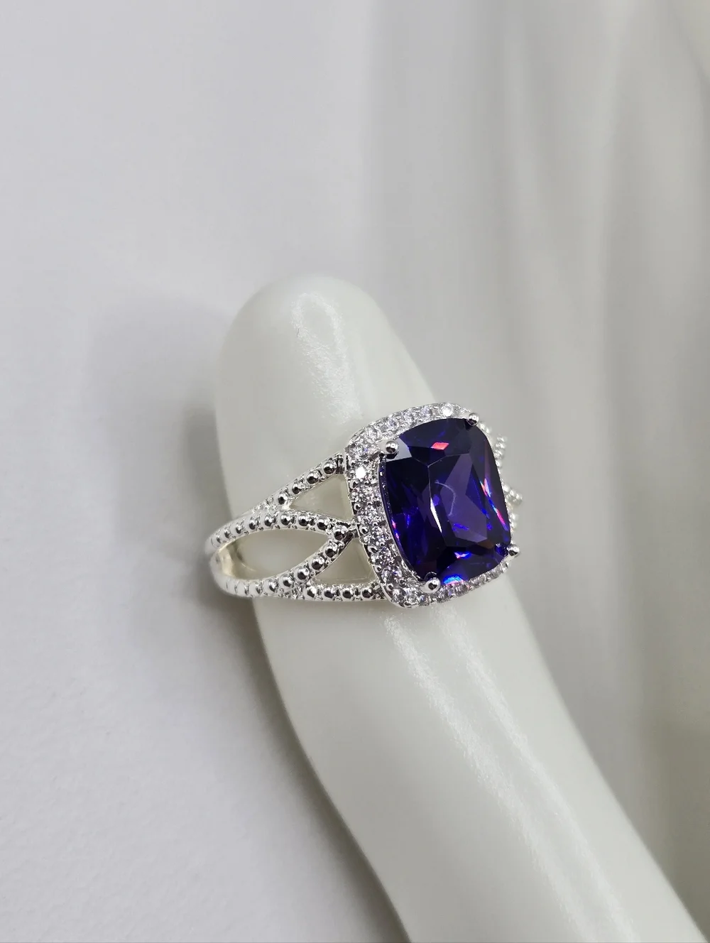 Swarovski Silver Ring with Deep Violet Cushion Crystal and Halo